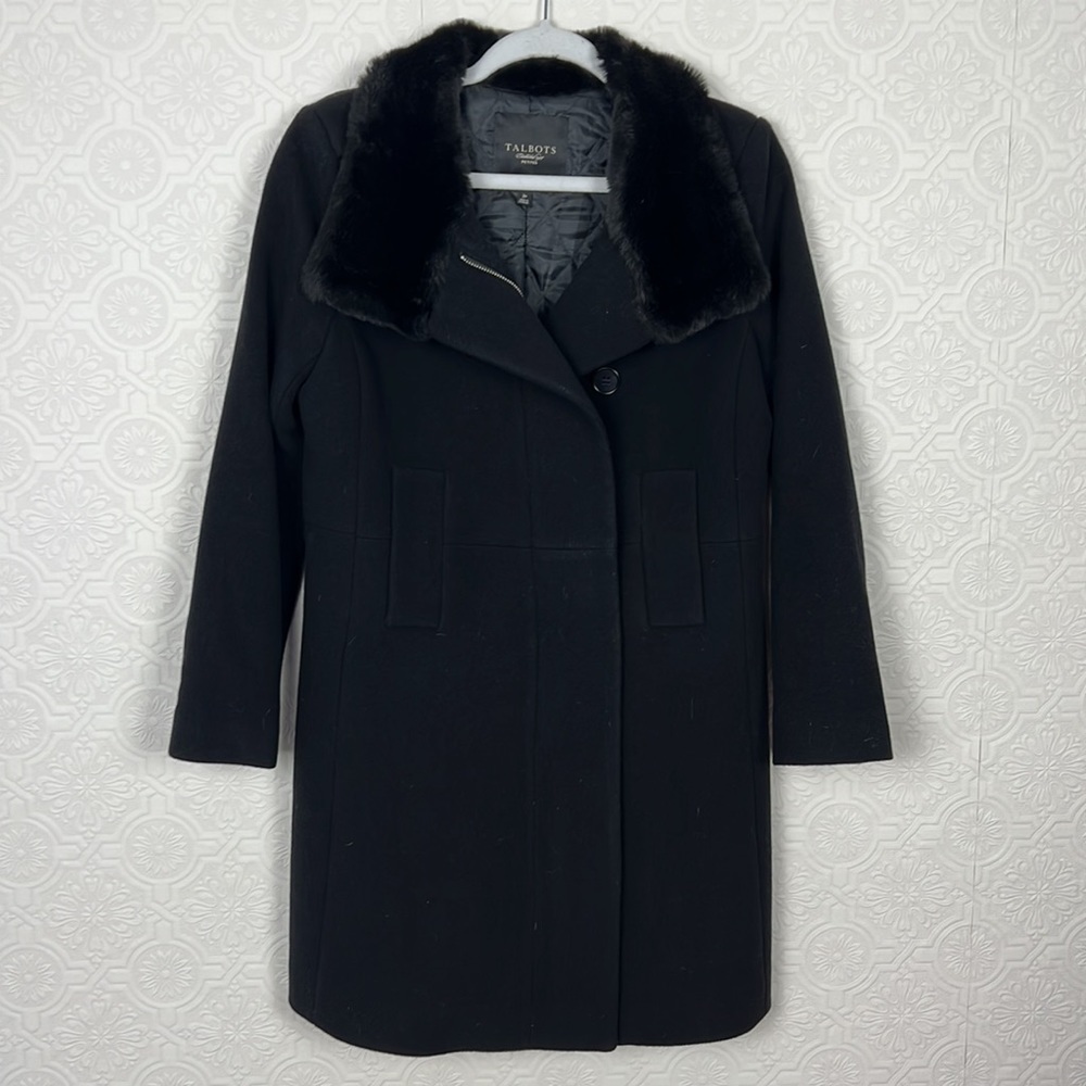 Talbots Peacoat Trench Wool Black Nylon Faux Fur Button Down Formal Classy‎ 2P